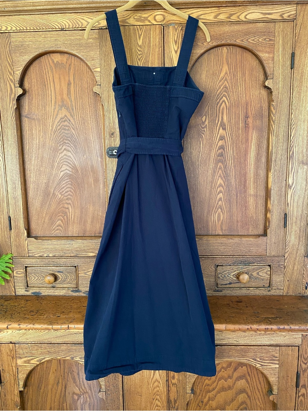 Everlane 8 M navy blue cotton picnic dress midi belt smocked button square neck - Picture 3 of 9